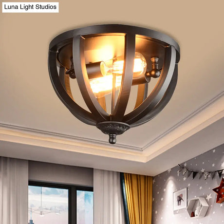 Vintage Style Metallic Cage Ceiling Mount Lamp With 2 Lights In Black For Living Room