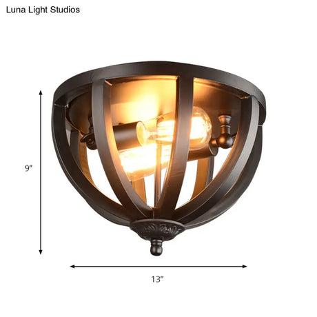 Vintage Style Metallic Cage Ceiling Mount Lamp With 2 Lights In Black For Living Room
