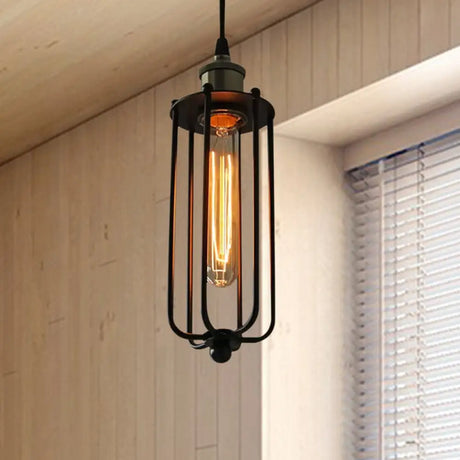 Vintage Style Metallic Matte Black Pendant Lamp With Cage Shade - 1 Light Hanging Fixture