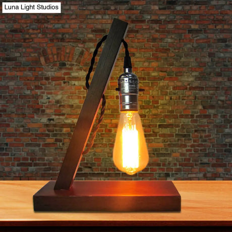 Vintage Style Mini Wooden Table Lamp With Open Bulb And Plug-In Cord - Light Brown