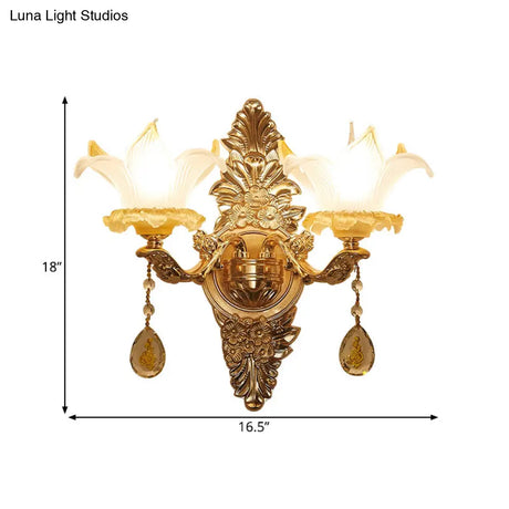 Vintage Style Petal Wall Sconce Opal Glass 1/2-Bulb Gold Light With Crystal Teardrop Deco