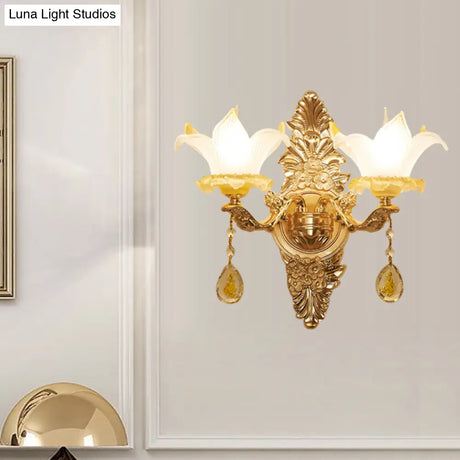 Vintage Style Petal Wall Sconce Opal Glass 1/2-Bulb Gold Light With Crystal Teardrop Deco