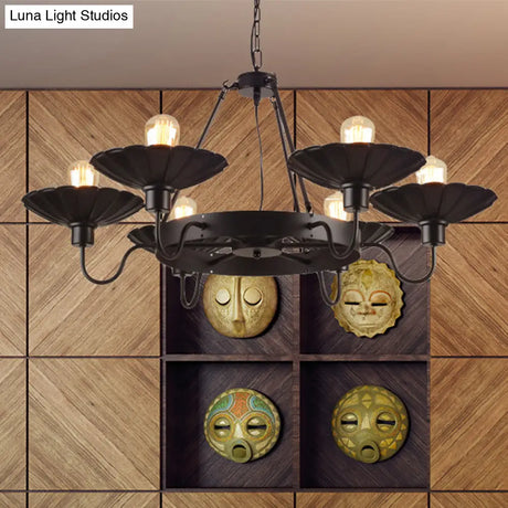 Vintage Style Restaurant Chandelier - 6 Head Down/Up Light With Scalloped Shade In Black