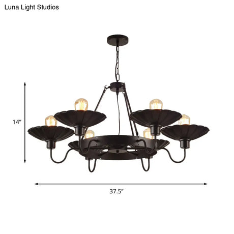 Vintage Style Restaurant Chandelier - 6 Head Down/Up Light With Scalloped Shade In Black