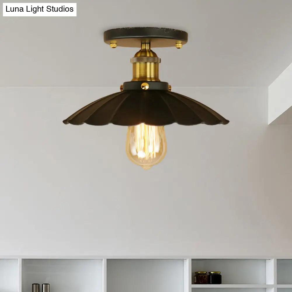 Vintage Style Scalloped Edge Balcony Semi Flush Ceiling Light In Black/Rust With 1 Metal Fixture