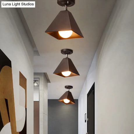 Vintage Style Semi Flush Mount Ceiling Light For Corridor - Black/White Metallic 1/3-Bulb Pyramid