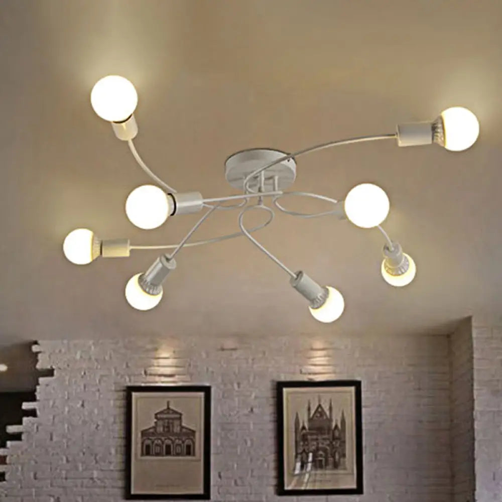 Vintage Style Twisted Arm 8-Light Semi Flush Mount Ceiling Light In Black/White For Living Room