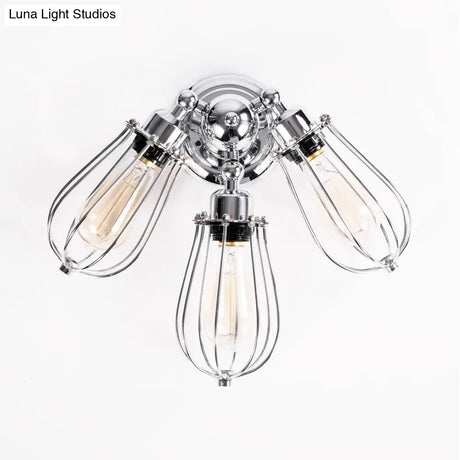 Vintage Stylish Metal Wire Guard Sconce Light - Polished Chrome 3 Bulbs Wall Lighting For Living