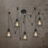 Vintage Swag Design Living Room Hanging Fixture With Globe/Cone Cage Shade - 5 Head Black Suspended