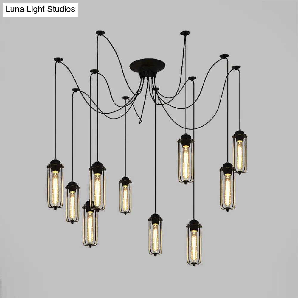 Vintage Swag Pendant Light With Adjustable 10-Head Metal Cage Shade - Black Hanging Lamp For Dining