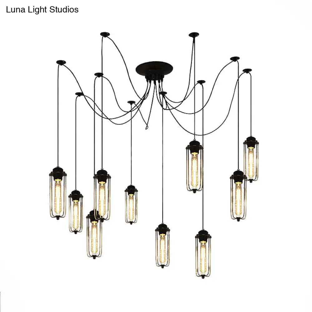 Vintage Swag Pendant Light With Adjustable 10-Head Metal Cage Shade - Black Hanging Lamp For Dining