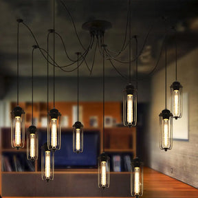 Vintage Swag Pendant Light With Adjustable 10-Head Metal Cage Shade - Black Hanging Lamp For Dining