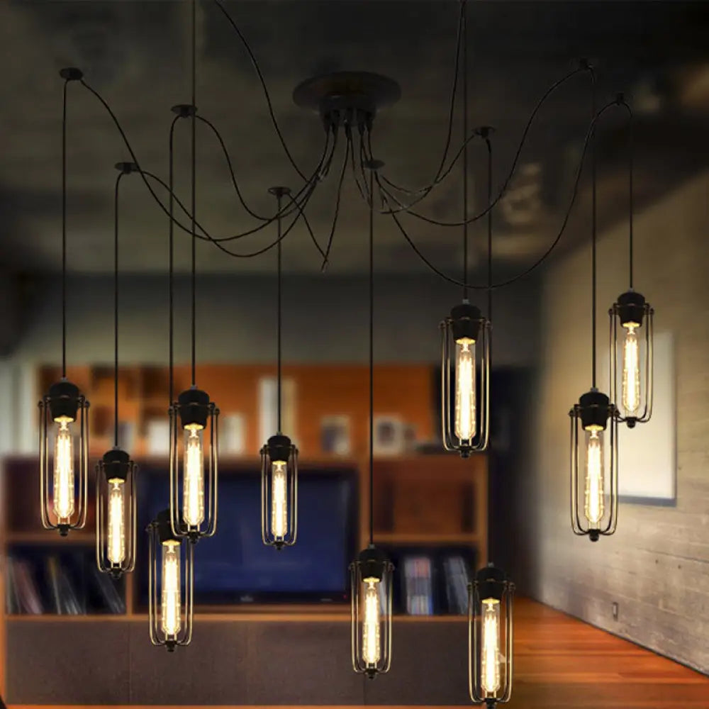 Vintage Swag Pendant Light With Adjustable 10-Head Metal Cage Shade - Black Hanging Lamp For Dining