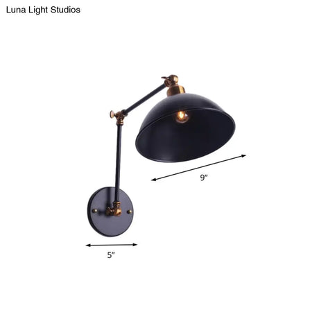 Vintage Swing Arm Wall Sconce Light With Bowl Shade - Black Metal Perfect For Stairways