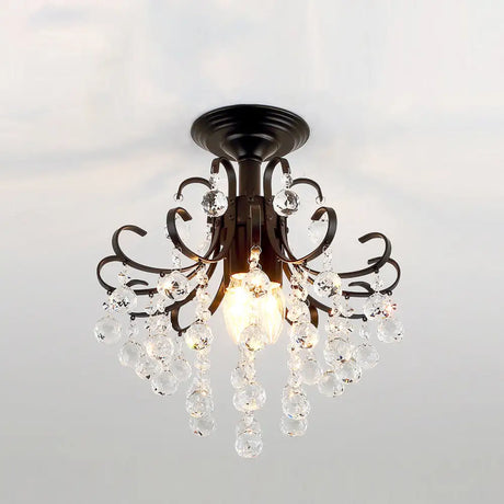 Vintage Swirl Metal Semi - Flush Ceiling Lighting With Crystal Orbs (3 Bulbs) Black