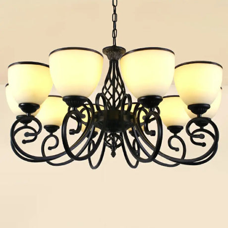 Vintage Swirled Arm Metallic Chandelier Pendant Light With Bell Frost Glass Shade For Living Room 10