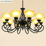 Vintage Swirled Arm Metallic Chandelier Pendant Light With Bell Frost Glass Shade For Living Room