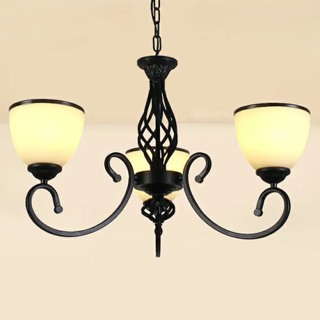 Vintage Swirled Arm Metallic Chandelier Pendant Light With Bell Frost Glass Shade For Living Room 3