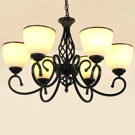 Vintage Swirled Arm Metallic Chandelier Pendant Light With Bell Frost Glass Shade For Living Room 6