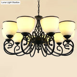 Vintage Swirled Arm Metallic Chandelier Pendant Light With Bell Frost Glass Shade For Living Room