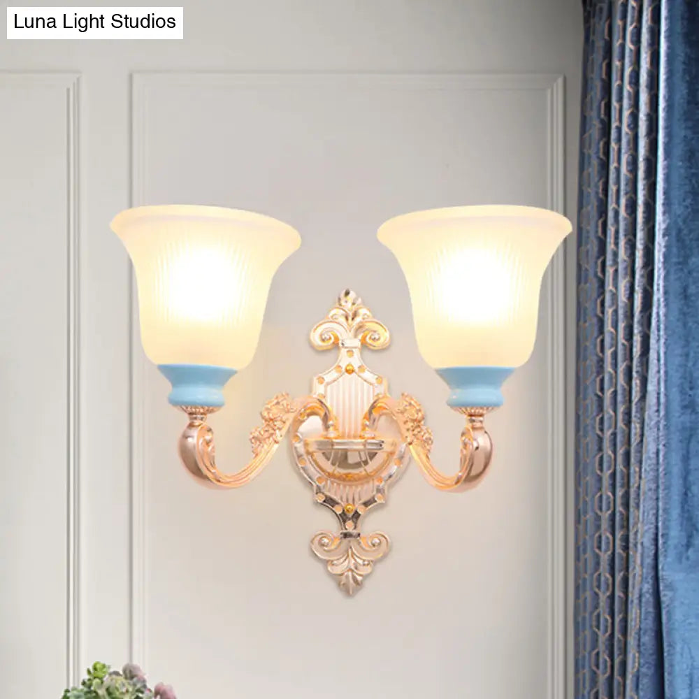 Vintage Swirled Arm Wall Light - Gold Metal Mounted Lighting With Frosted Ribbed Glass Shade