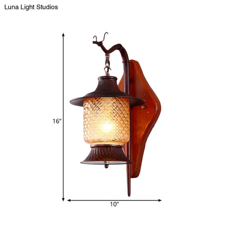 Vintage Tan Glass Lantern Sconce Light Fixture - 1-Light Copper Wall Lighting With Wood Backplate