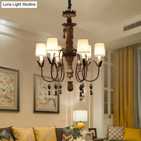 Vintage Tapered Fabric Chandelier With 6 Lights - Black And Wood Hanging Light Fixture For Bedroom