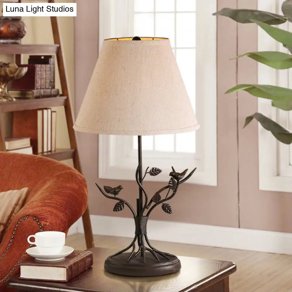 Vintage Tapered Fabric Table Light With Branch Design - White 1 Head Nightstand Lighting For Living