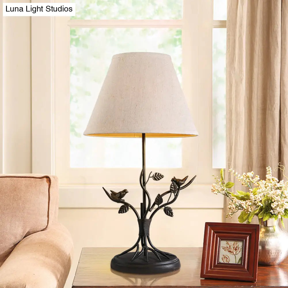 Vintage Tapered Fabric Table Light With Branch Design - White 1 Head Nightstand Lighting For Living