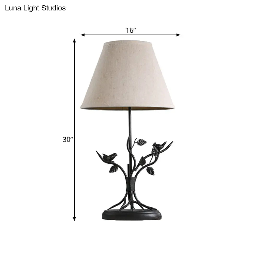 Vintage Tapered Fabric Table Light With Branch Design - White 1 Head Nightstand Lighting For Living