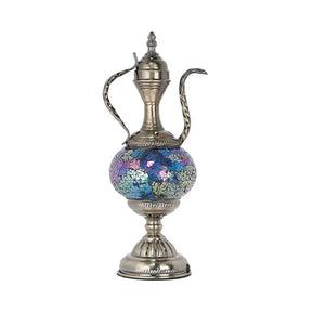 Vintage Teapot Night Table Lamp - Pink/Purple/Blue Stained Glass Bedroom Nightstand Light