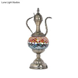Vintage Teapot Night Table Lamp - Pink/Purple/Blue Stained Glass Bedroom Nightstand Light