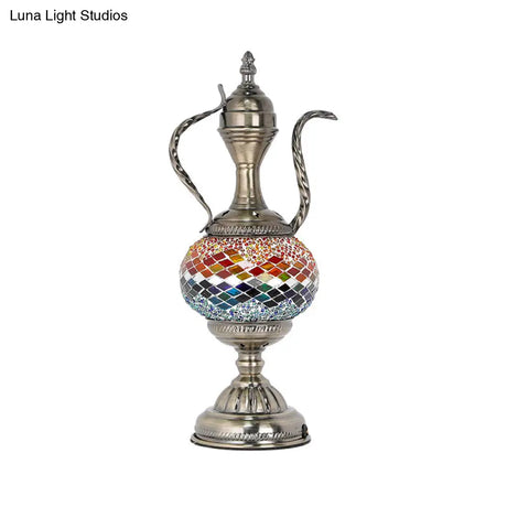 Vintage Teapot Night Table Lamp - Pink/Purple/Blue Stained Glass Bedroom Nightstand Light