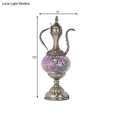 Vintage Teapot Night Table Lamp - Pink/Purple/Blue Stained Glass Bedroom Nightstand Light