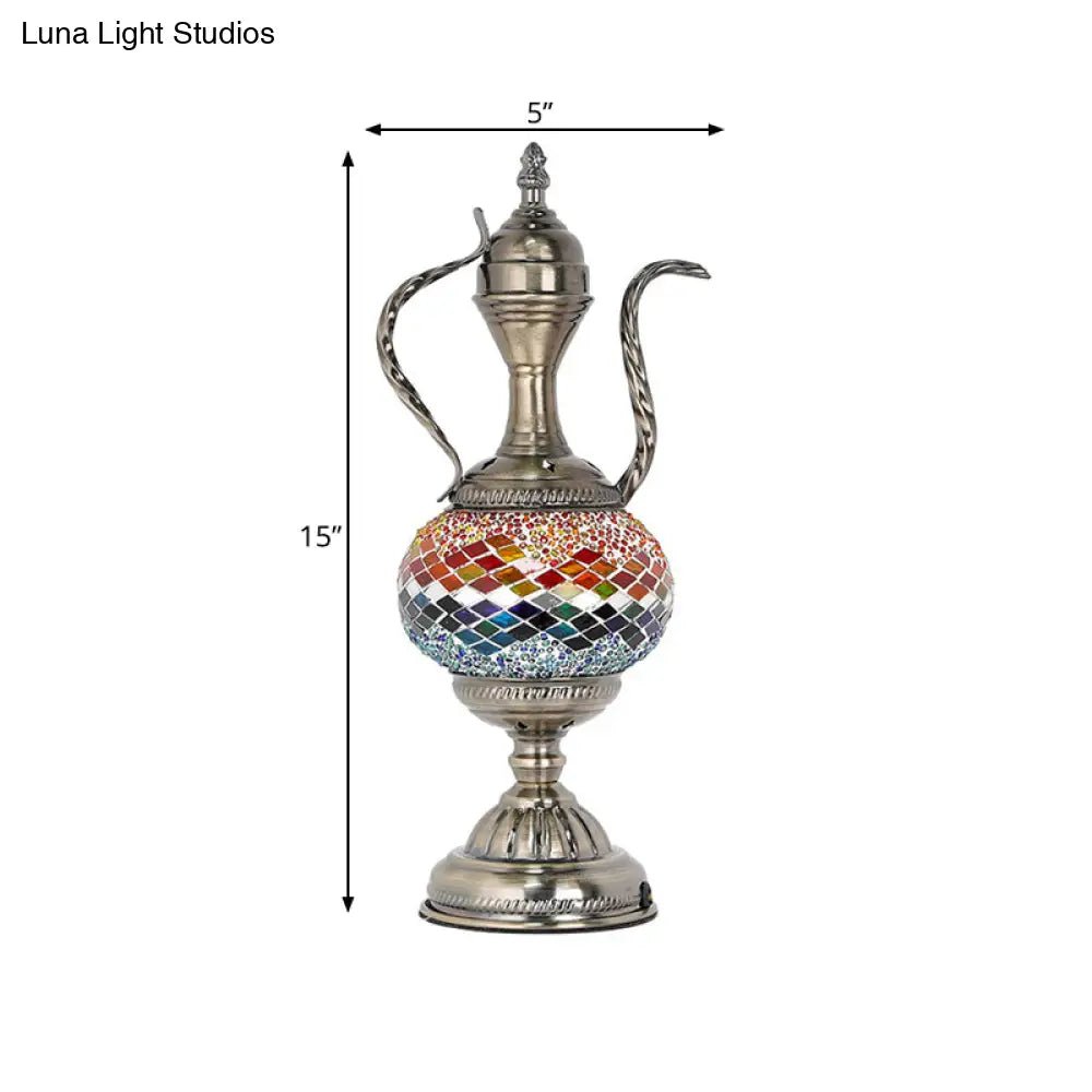 Vintage Teapot Night Table Lamp - Pink/Purple/Blue Stained Glass Bedroom Nightstand Light