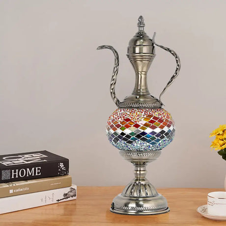 Vintage Teapot Night Table Lamp - Pink/Purple/Blue Stained Glass Bedroom Nightstand Light Red-Blue