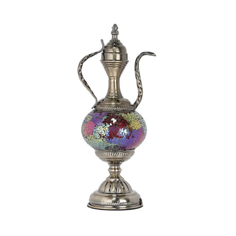 Vintage Teapot Night Table Lamp - Pink/Purple/Blue Stained Glass Bedroom Nightstand Light Red-Purple