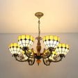 Vintage Tiffany Art Glass Chandelier - Yellow Grid Bowl Pendant Light With 6 Lights For Hallway