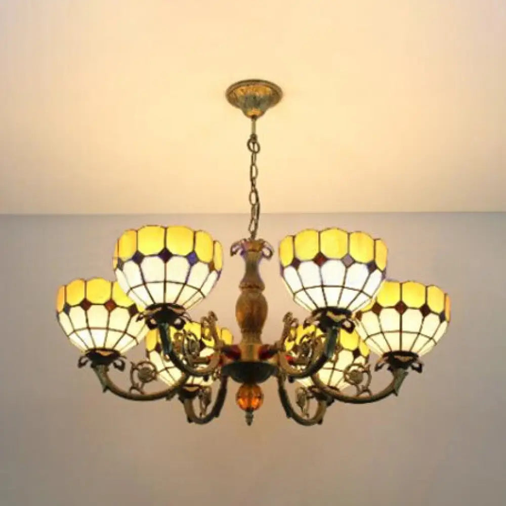 Vintage Tiffany Art Glass Chandelier - Yellow Grid Bowl Pendant Light With 6 Lights For Hallway