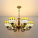 Vintage Tiffany Art Glass Chandelier - Yellow Grid Bowl Pendant Light With 6 Lights For Hallway
