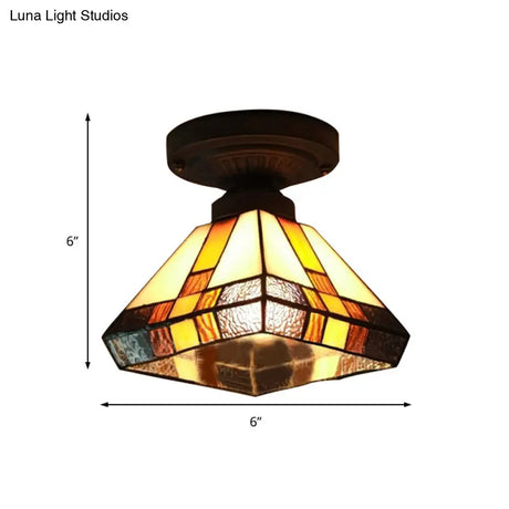 Vintage Tiffany Craftsman Flush Ceiling Light In Black/Antique Brass - Stained Glass Lamp For