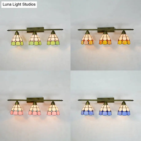 Vintage Tiffany Dome Wall Sconce Lamp Brass Finish - Yellow/Pink/Green/Blue 3 Lights For Bathroom