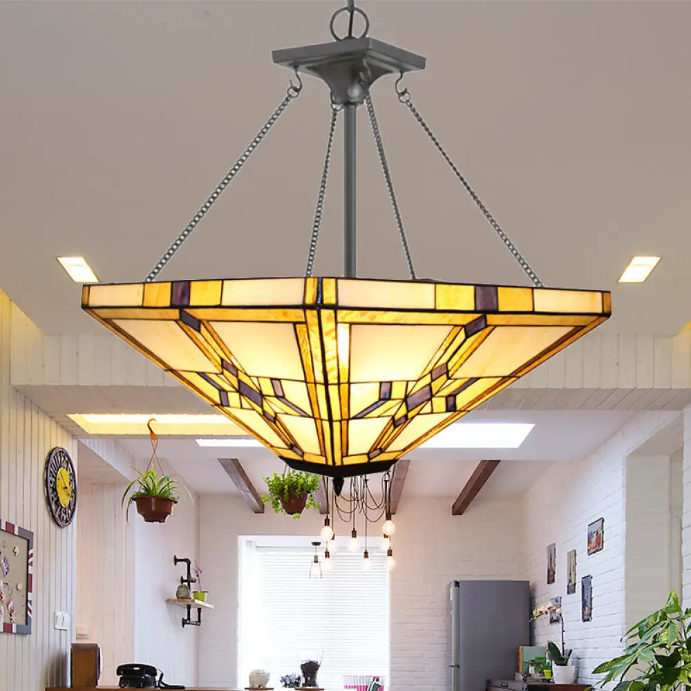 Vintage Tiffany Pyramid 19.5’/27.5’ Stained Glass Chandelier Pendant Light Beige Bedroom Décor