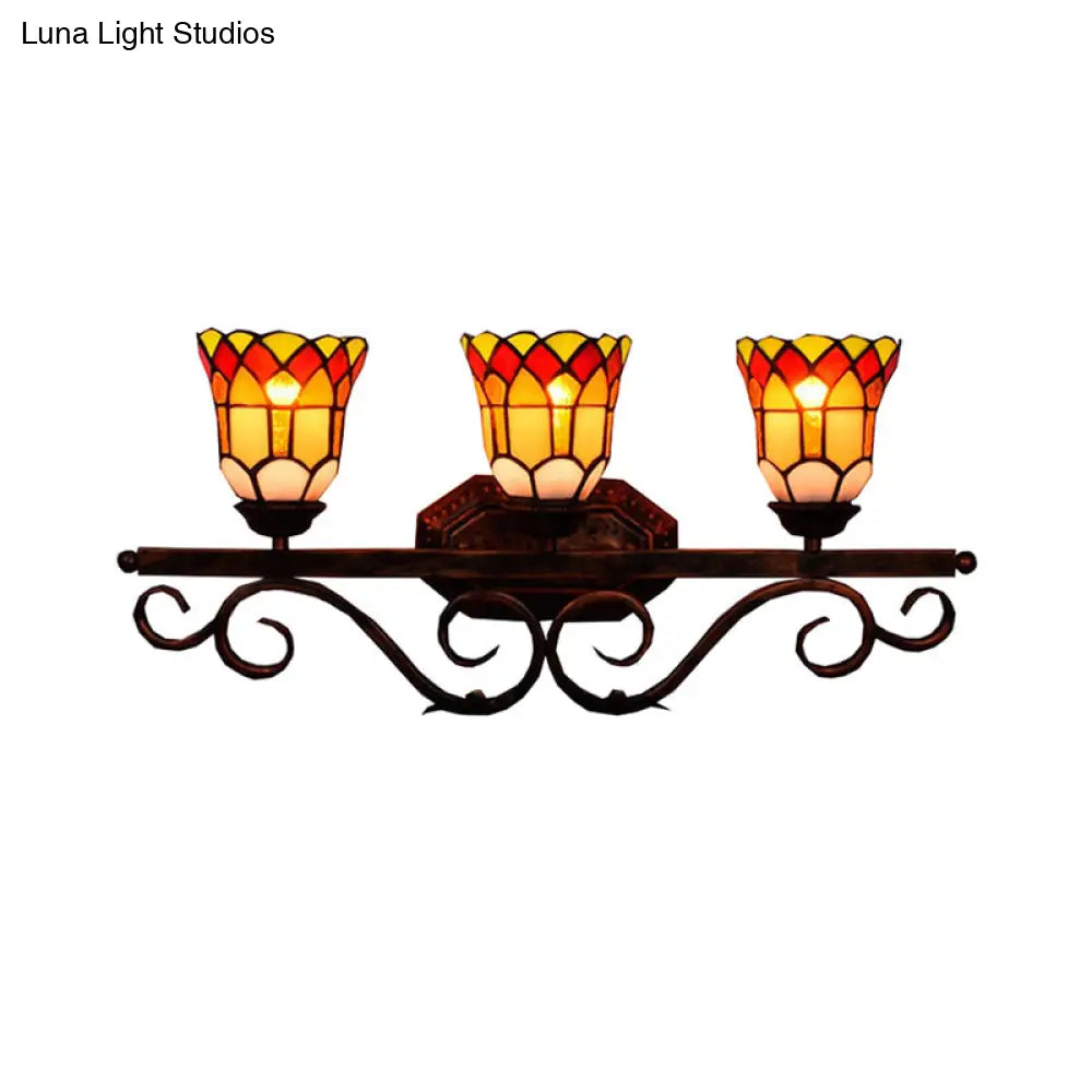 Vintage Tiffany Stained Glass 3-Light Vanity Sconce In Yellow/Red/Clear For Bathroom