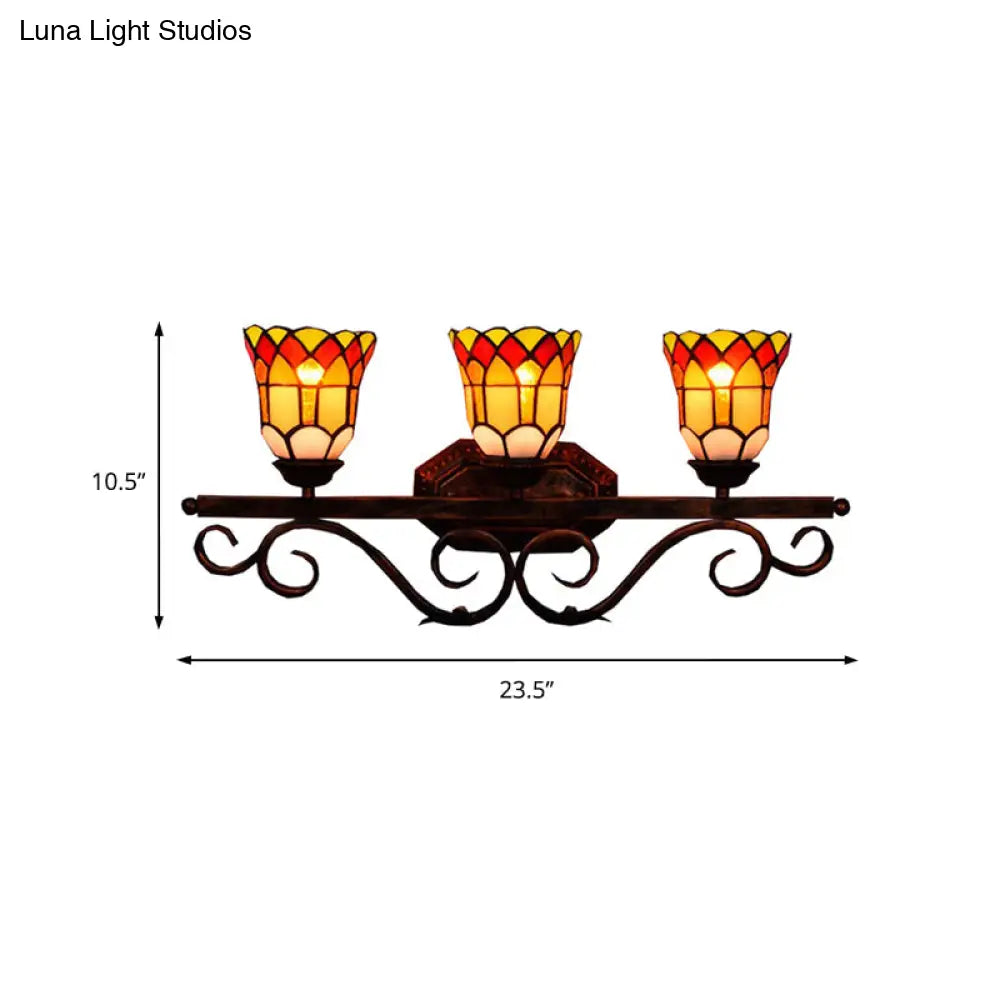 Vintage Tiffany Stained Glass 3-Light Vanity Sconce In Yellow/Red/Clear For Bathroom
