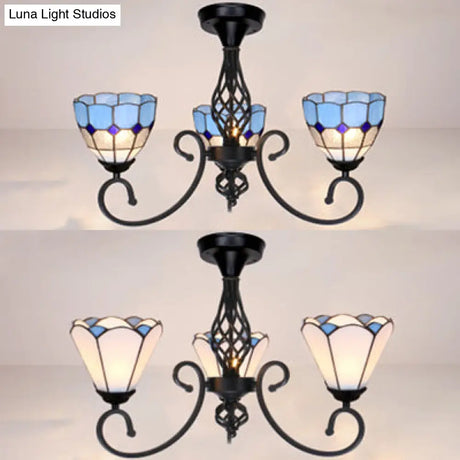 Vintage Tiffany Stained Glass Ceiling Light - 3 Lights White/Blue Surface Mount