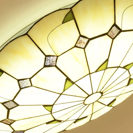 Vintage Tiffany Stained Glass Ceiling Light With Leaf Pattern - Flush Mount Led Lamp For Living Room