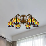Vintage Tiffany Stained Glass Chandelier For Restaurant & Library - 3/5/6 Lights 6 / Antique Bronze