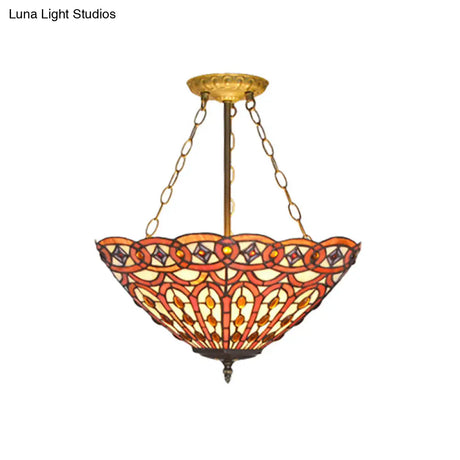 Vintage Tiffany Stained Glass Chandelier With Brass Finish - Perfect For Dining Table