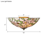 Vintage Tiffany Stained Glass Flush Ceiling Light With Pink And Green Bowl Design